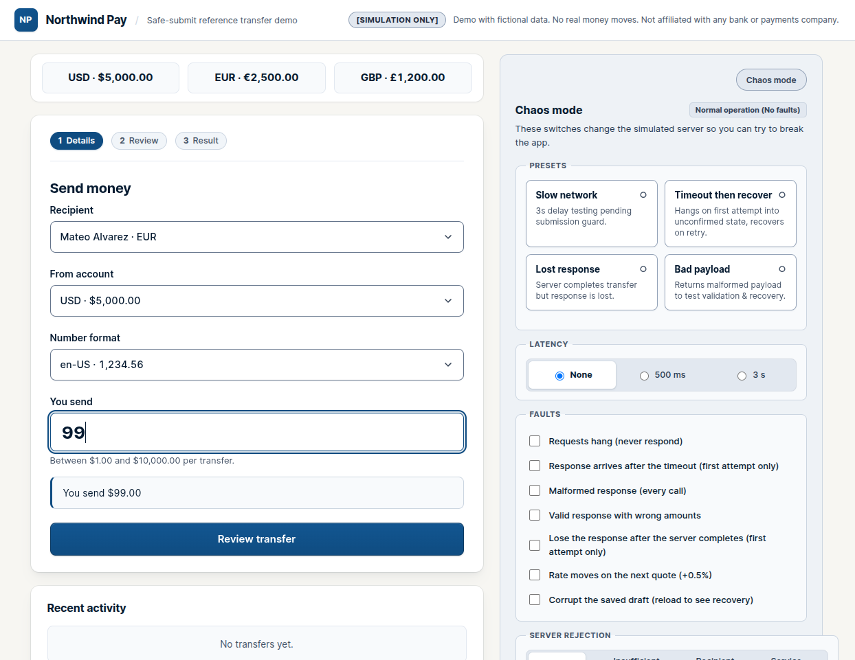 Safe Money UI preview showing money input primitives and transfer recovery
